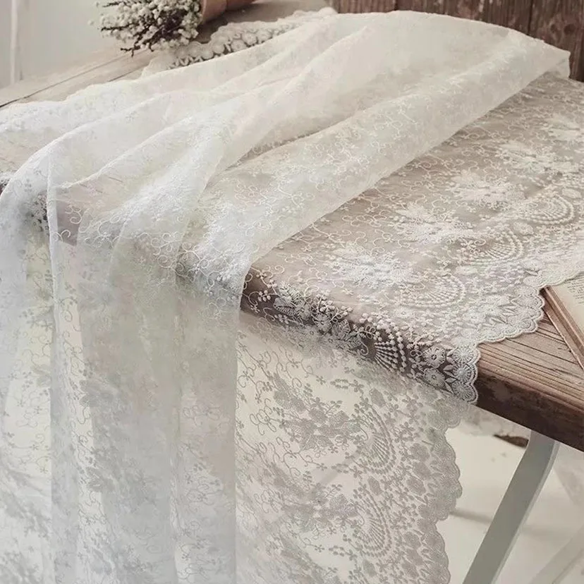 Romantic White Embroidered Lace Fabric French Style For Wedding Dress Home Decoration Tablecloth Fabric