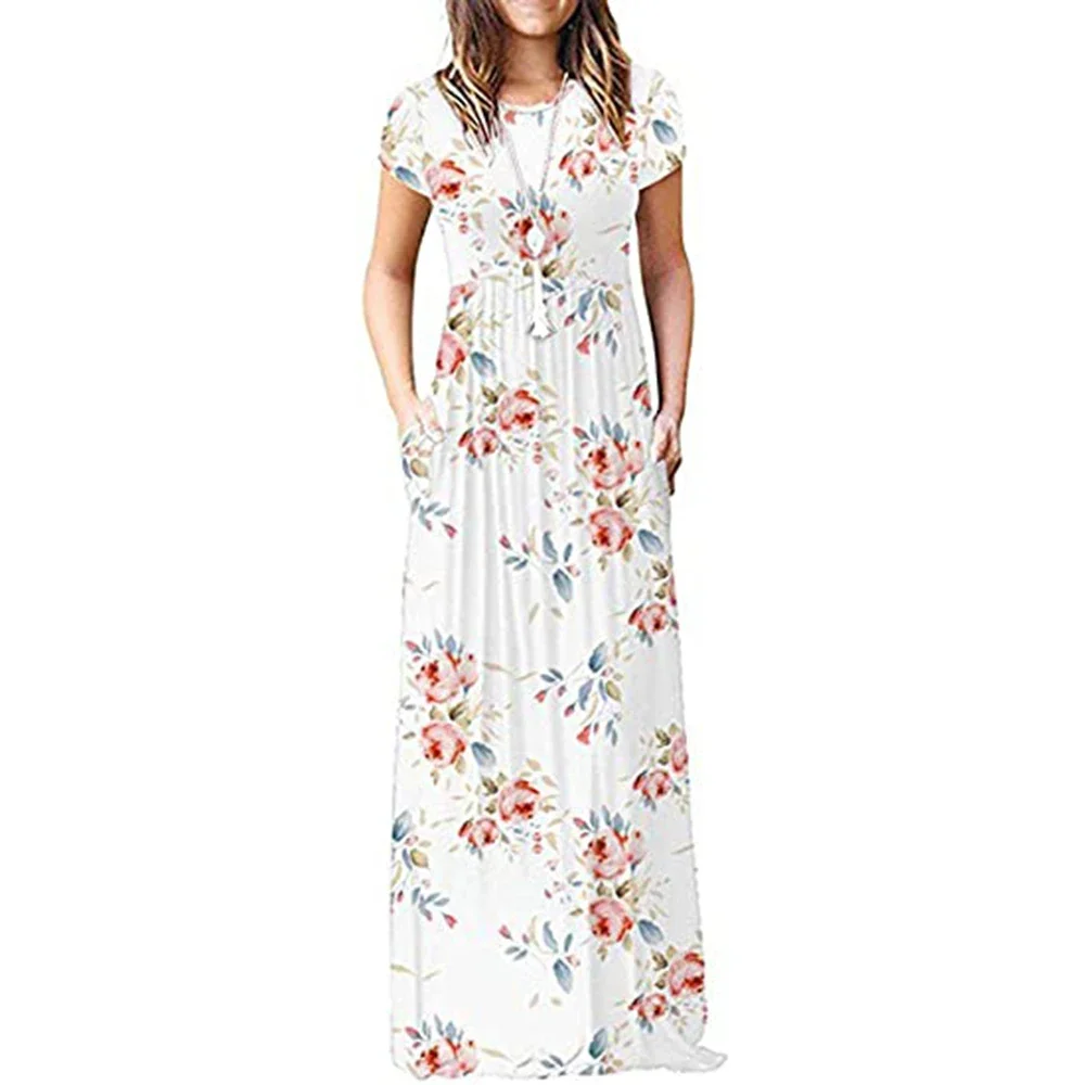 Short Sleeve Summer Pleated Empire Waist Round Neck Floral Maxi Long Pockets Dress