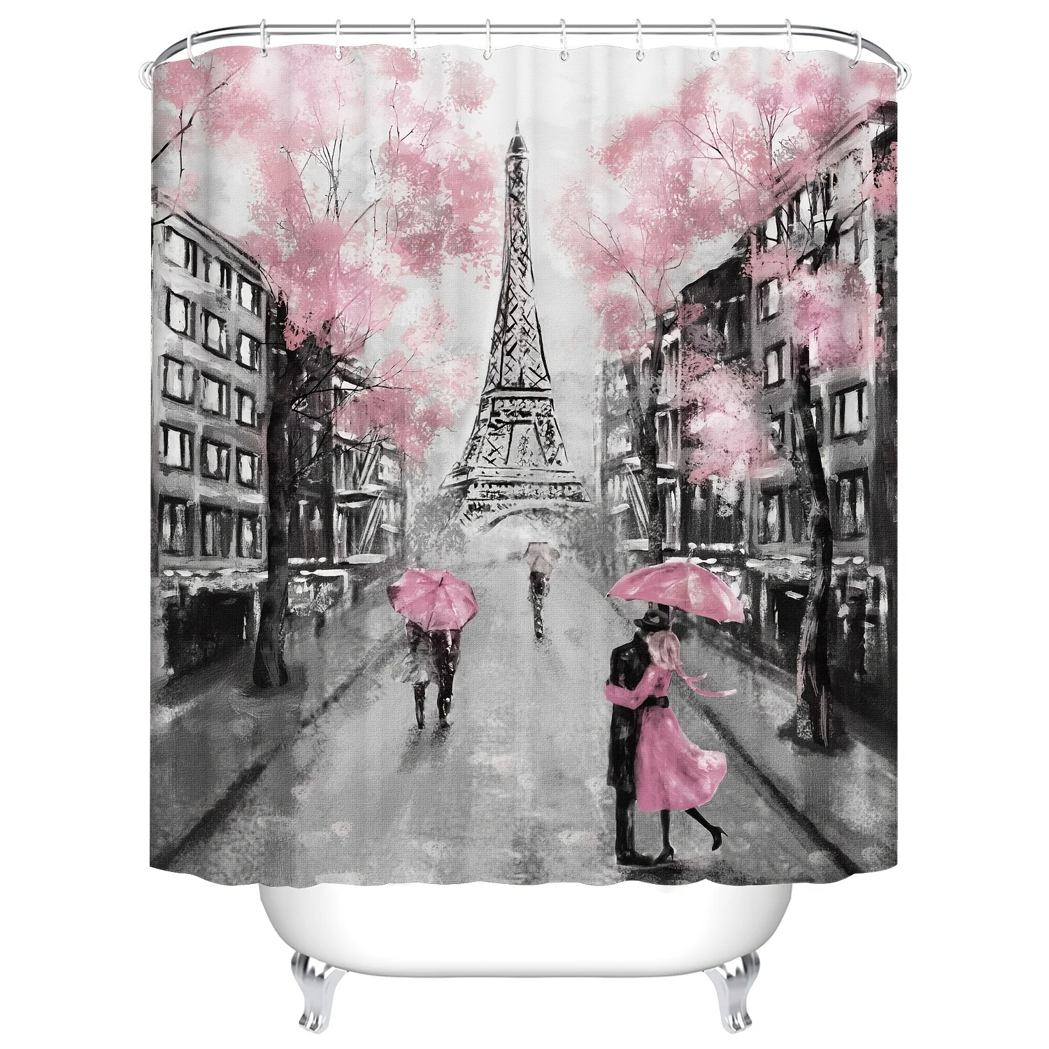 1pc Romantic Pink Paris  Shower Curtain - Waterproof and Durable Fabric with Vibrant Oil Painting European Landscape Design - El