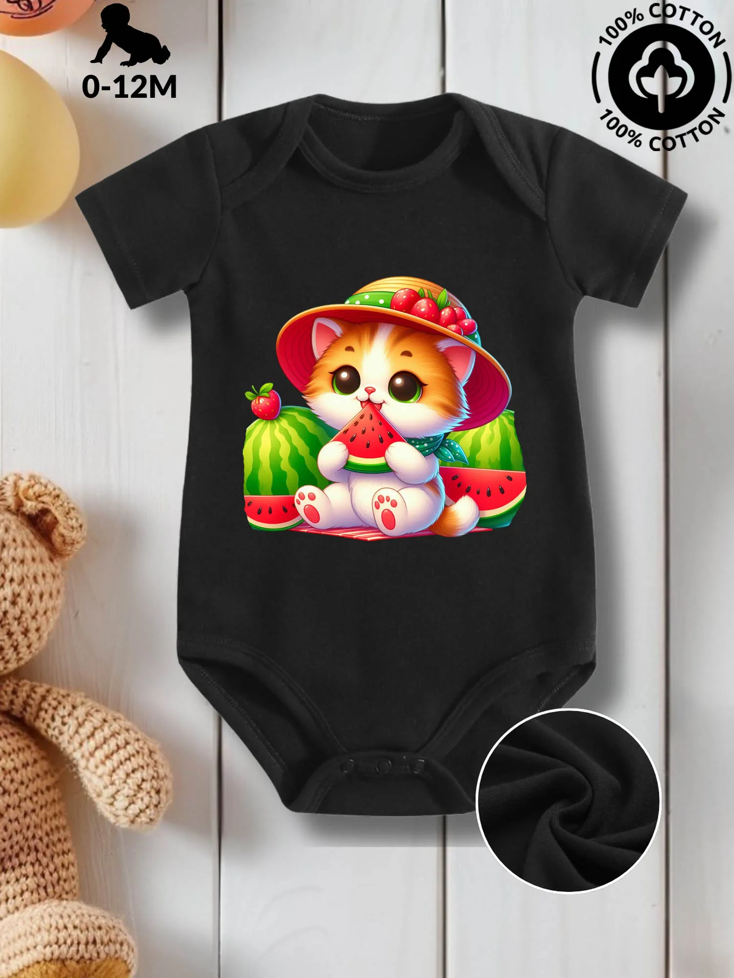 

Kitten Having Watermelon Unisex Baby Crawling Suit, Pure Cotton Skin Care Onesie, All-Season Wear Black Bodysuit 190GSM
