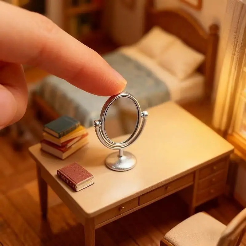 【F】1Pcs Miniature Retro Mirror Dressing Table Scene Model 1:12 Dollhouse Ornament Vintage Bathroom Furniture Doll Accessories