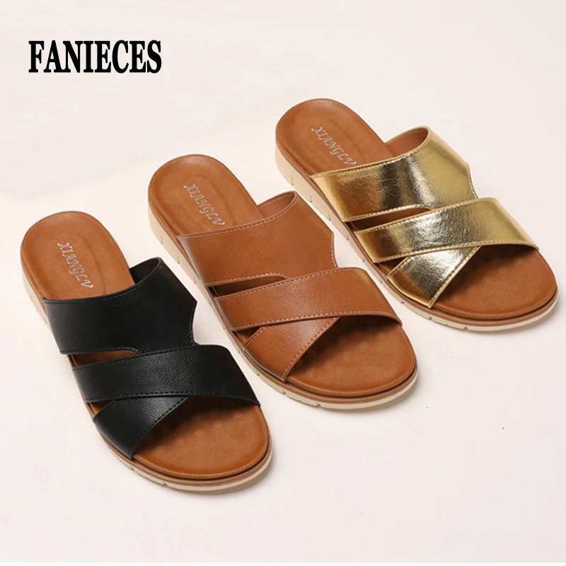 

FANIECES Women's Plus Size Flat Slippers Roman Sandals Summer Beach Outdoor Comfort Leather Open Toe Casual Slide Shoes Mules