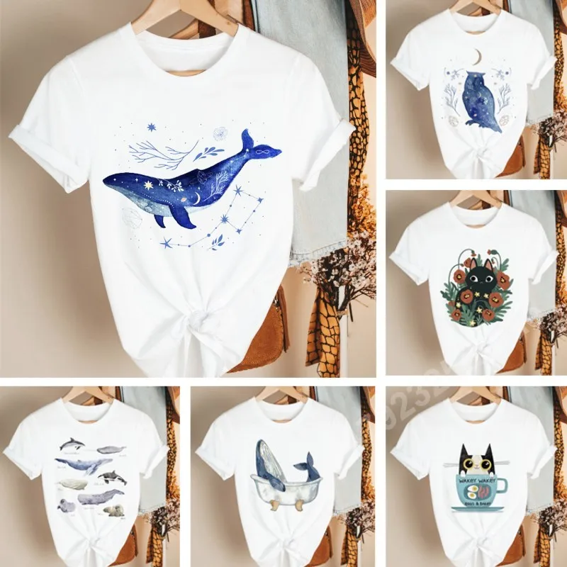 Blue Whale Print Women Graphic T-Shirts Cartoon Cat Kawaii Clothes Short Sleeve Y2k Top Tee Summer Harajuku Oversized T Shirt