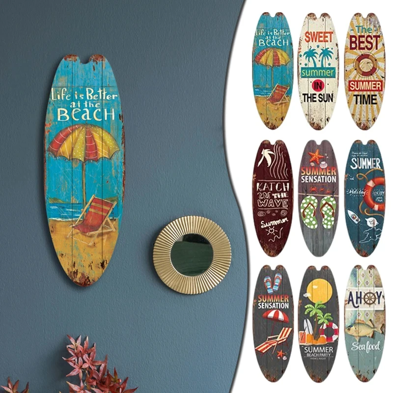 Vintage Holz bedrucktes Türschild Meer Surfbrett Sommer Strand Ozean Thema Dekoratives Brett Willkommen Bar Home Wandbehang Anhänger