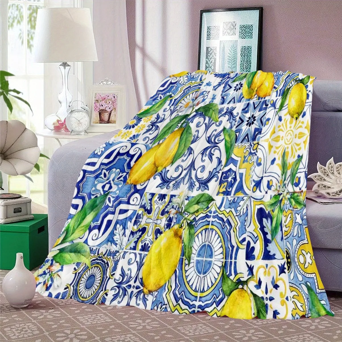 Local 1pc Blue Traditional Floral Lemon Themed Flannel Blanket with 2D Digital Print, Soft and Warm Plush, Super Comfortable, Pe