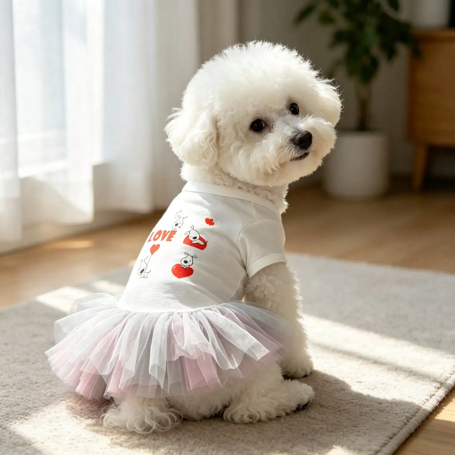 1 Cute Puppy Tutu Princess Dress LOVE Cartoon Puppy and Heart-shaped Printed Mesh Chiffon Pet Clothing