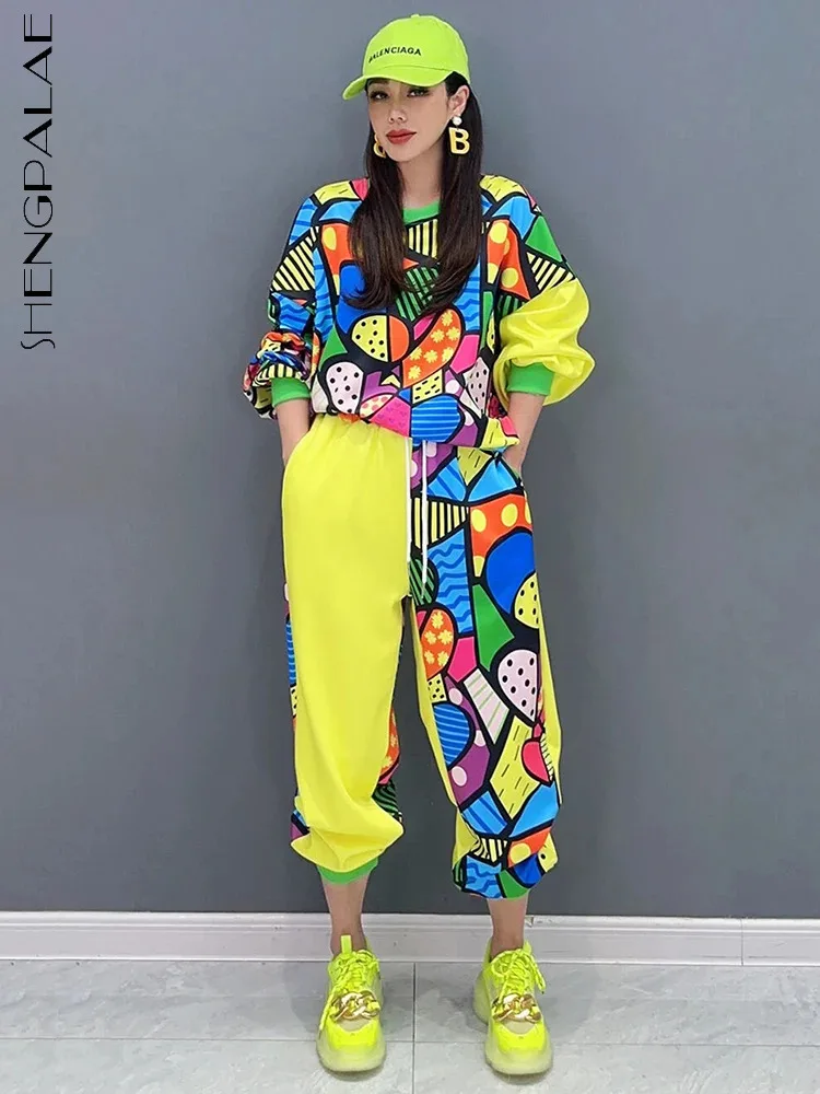 

SHENGPALAE Spring Women's Printed 2 Piece Set Patchwork Contrast Color O-neck Tops Loose Drawstring Casual Pants 2024 New 5R9420