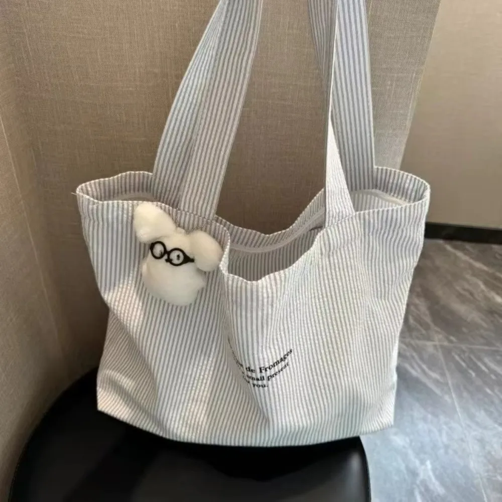 

Simple Canvas Shoulder Bag Korean Style Large Capacity Tote Bag Striped Commuting Bag for Women Girls