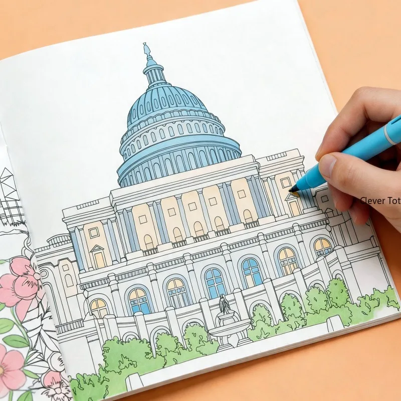 One Adult Decompression Coloring Book, 24 Different Architectural/landscape Patterns, Decompression Hand Drawn Coloring Book