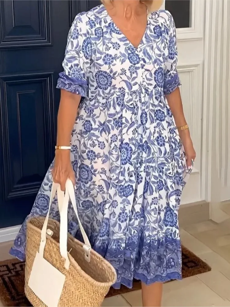 Damesjurk V-hals Bloemen Kwartmouwen Losse taille Gewaad Elegant Woon-werkverkeer Casual Strand Pastoraal Feest Schoolfeest Vakantie Vestidos