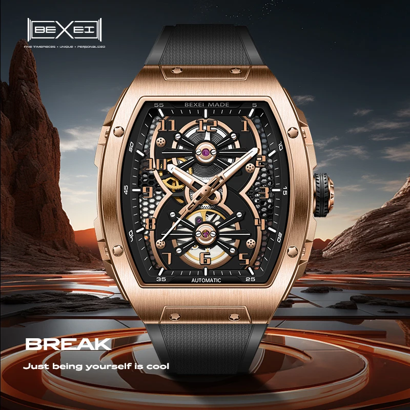 BEXEI 9198 Barrel shape Tonneau watch skeleton dial Automatic mechanical  movement for men Luminous Sapphire business watch