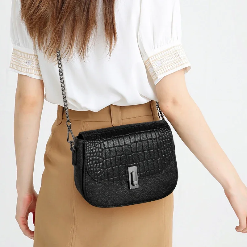 Aidrani Ladies Black Cowhide Shoulder Bag, Textured Croc Embossed Mini Bag, Versatile Chain Crossbody for Daily Commute