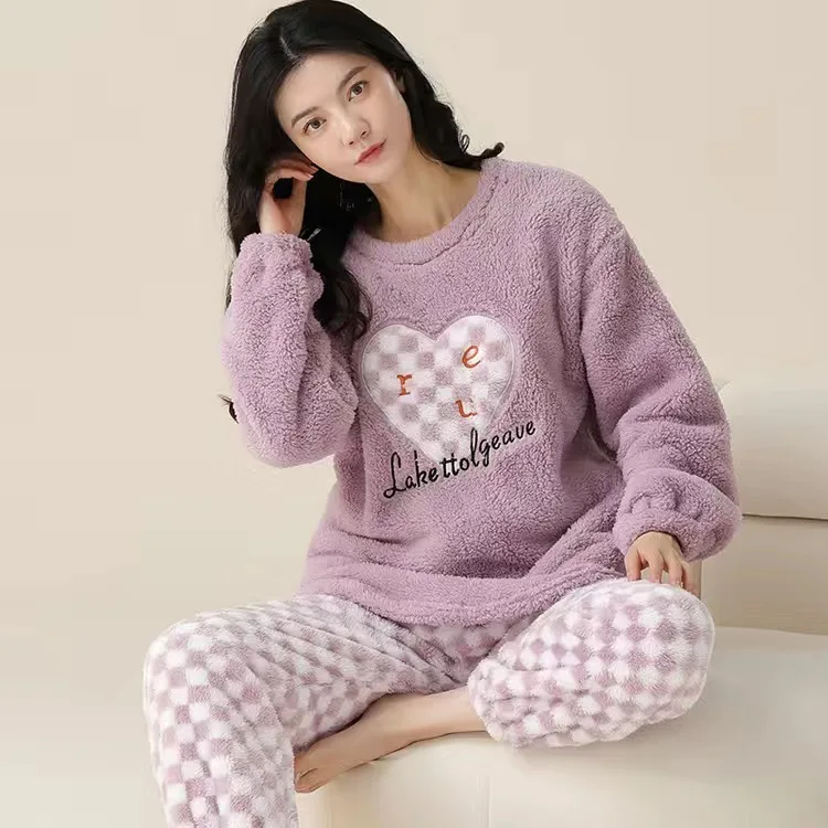 Autumn Winter Thick Coral Velvet Long Sleeve cute Cartoon Sleepwear Warm Flannel Women Pyjamas Sets Flannel Pajamas Set for Girl