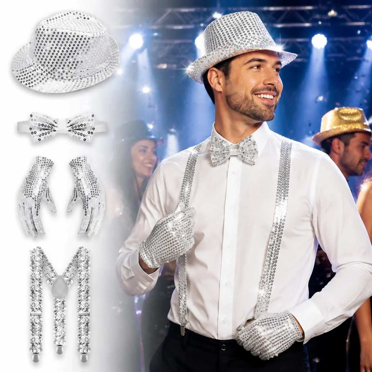 4 piezas/set de accesorios de disfraz de discoteca de Halloween con lentejuelas plateadas: sombrero, guantes, tirantes, pajarita y corbata para cosplay o atuendo de carnaval.