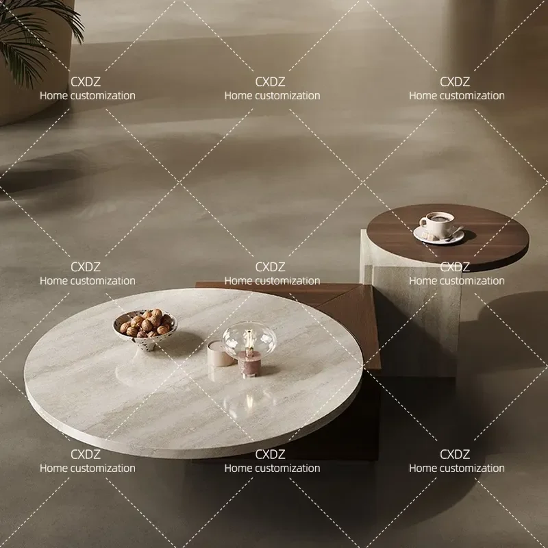 Minimalist Creative Special Shaped Living Room Round Coffee Table Set Marble Travertine Countertop Modern Home Furniture