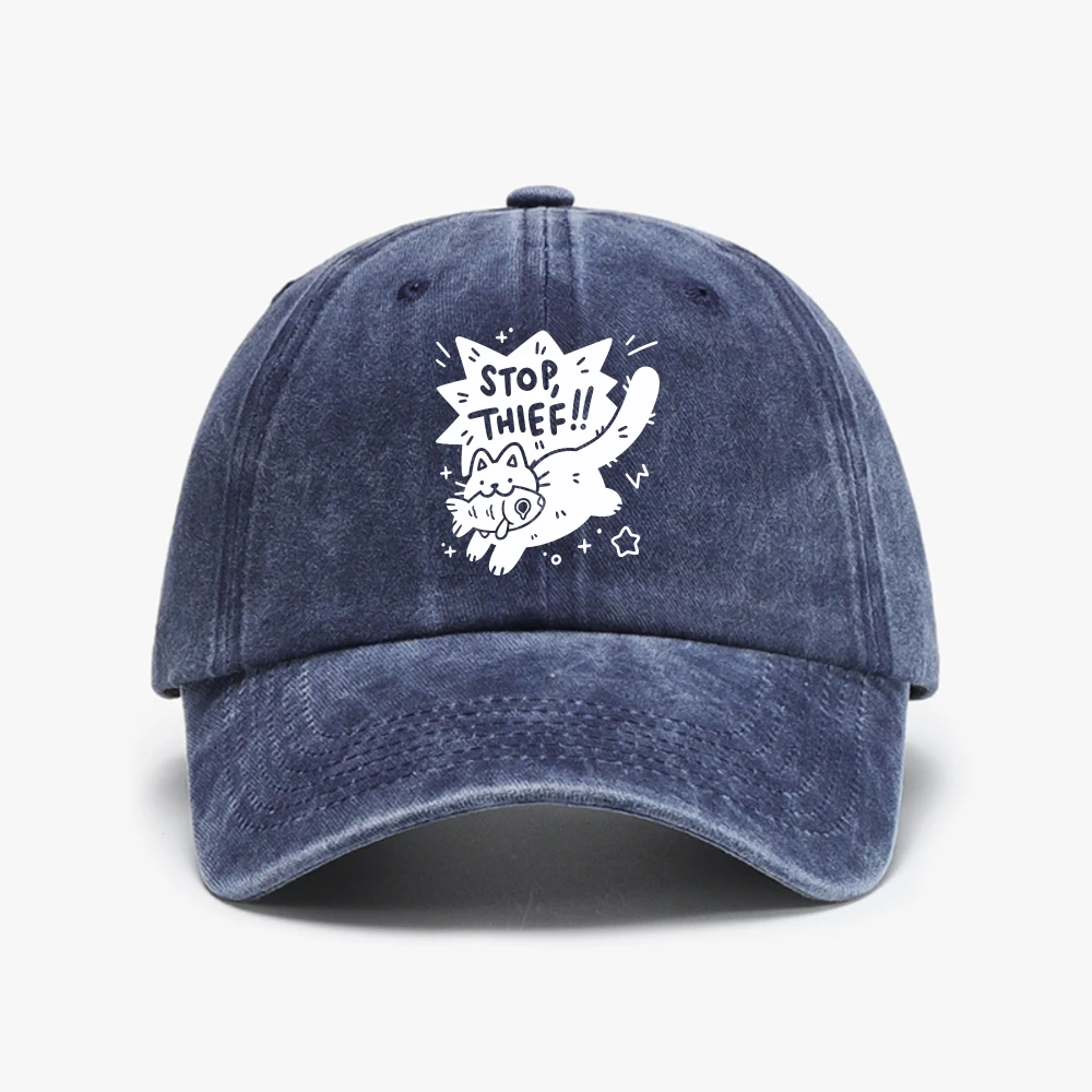Stop Thief! Cute Cat Printed Women's Baseball Cap Cat Print Girls Printing Funny hat Vintage Washed Soft Top hats