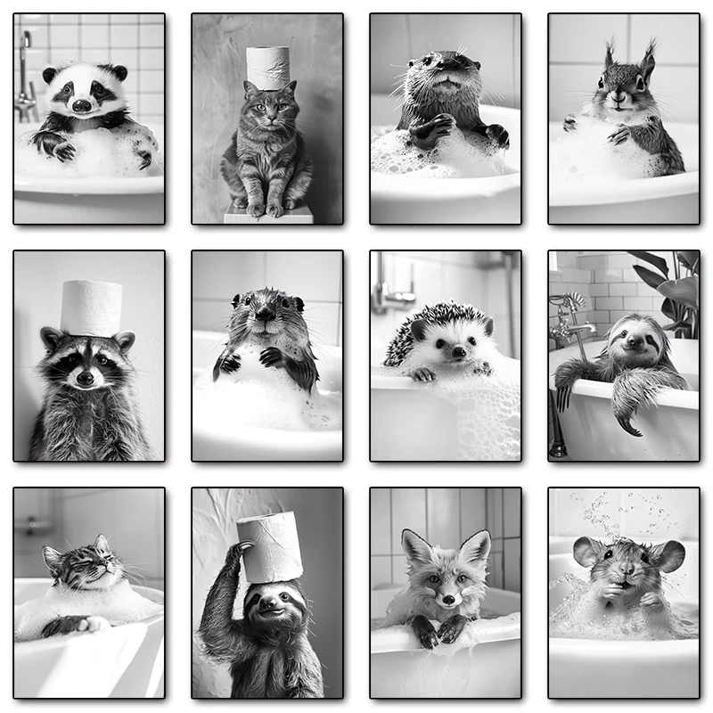 Black and White interesting Cute Animal Posters Squirrel Hedgehog sloth Canvas Painting Wall Art Bathroom Living Room Home De