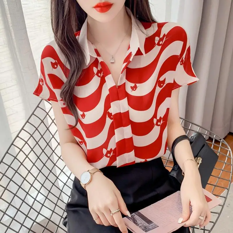 Striped Chiffon Vintage Shirts Women Summer 2022 New Fashion Office Lady Commuter Loose Tops Short Sleeve Elegant Blouse Female