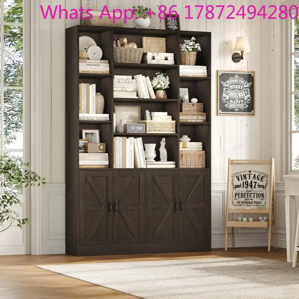 Bookshelf with Storage Cabinet, 47” Wide Bookcase with 4 Doors, Standing Display Shelves