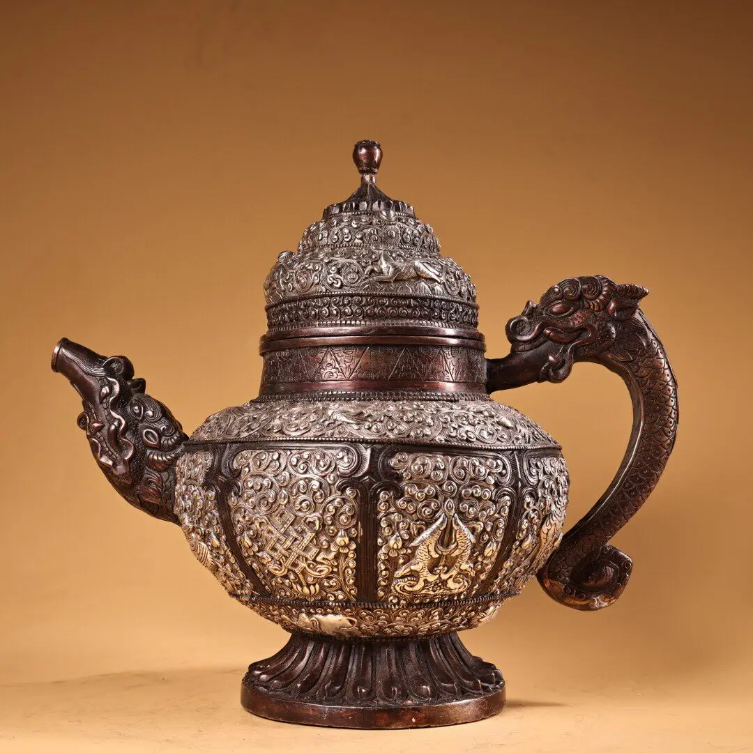 Nepal Pure Copper Silver Plated Butter Tea Pot High Relief Engraved Eight Auspicious Symbols Home Decor