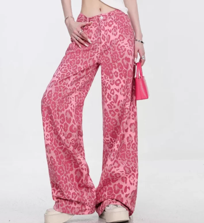 Spring Summer New Leopard Print Girl Thin Straight Loose Wide-leg Jeans Fashion Age-reducing Personality Street Elegant Trousers