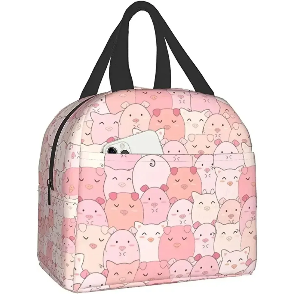 Lancheiras fofas de porco de desenho animado para mulheres e homens, lancheira isolada, sacola bento com bolso frontal para escritório, escola, piquenique