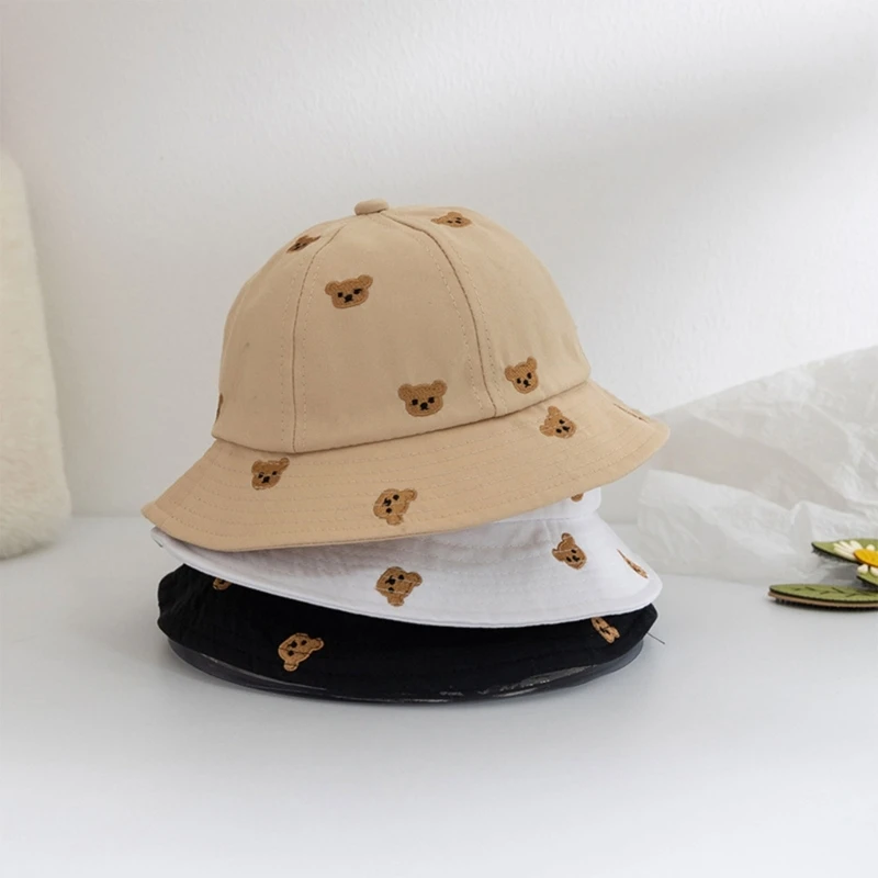 

1-2Y Summer Babys Bucket Hat Toddler Fisherman Hat Summer Sunhat Wide Brim Embroidery Bear Hat Summer Hat For Babys