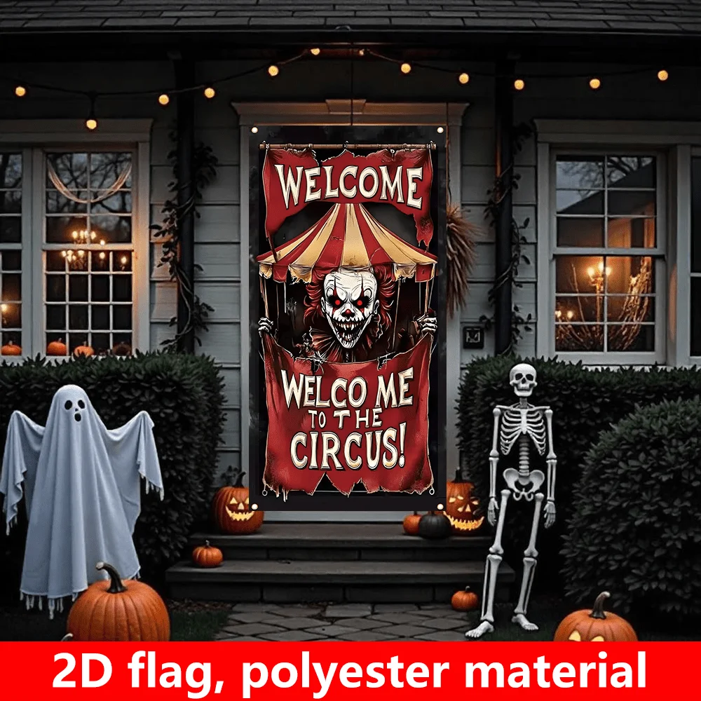 Einzelner Artikel, 2D-Flachflagge, Halloween-Veranda-Dekorationsflagge, Horror-Zirkus-Clown-Halloween-Veranda-Dekorationsflagge – Detail 5