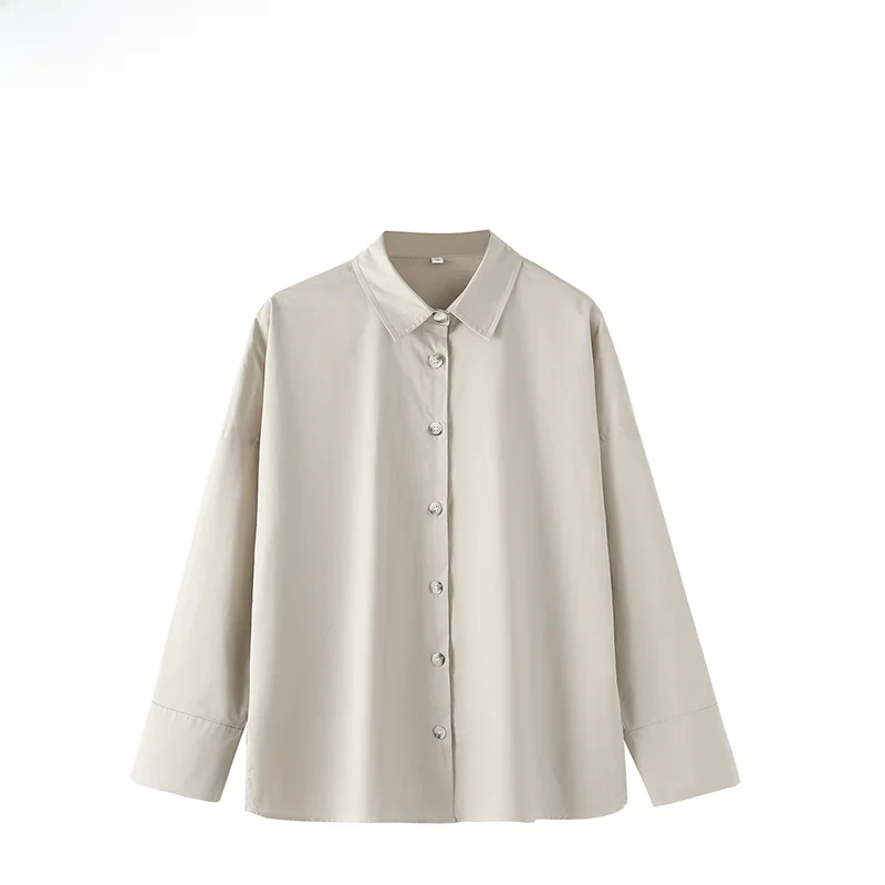 

ZAB Autumn New Women's Long Sve Loose Collar irt Side Button Decorative Street Sle Pure Color Polyester Fiber Blouse