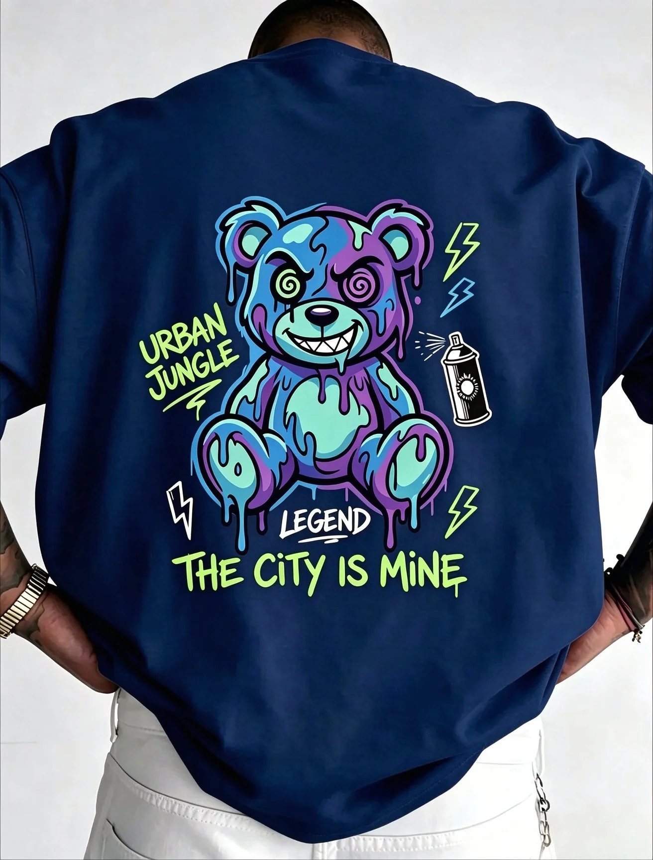 Unisex Dripping Bear Back Print TShirt Graffiti Cartoon Urban Jungle Graphic Loose Crew Neck Short Sleeve Cotton Tops