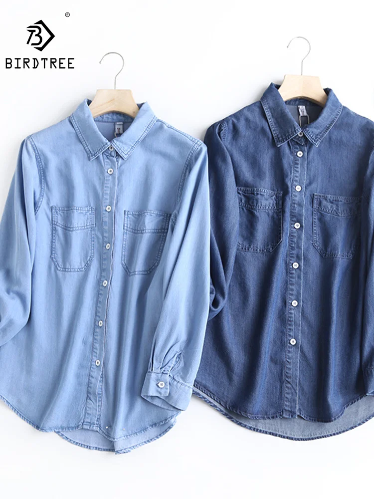 Langarm Denim Shirt frauen Frühjahr Sommer Weiche Jeans Äußere Tragen Tasche Blusen Drapieren Dünne Mantel TopsT32601Z