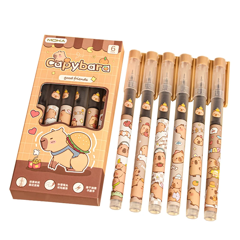 Capybara-Stylos gel d'écriture à encre noire lisse, accessoires de bureau, école, étudiant, enseignant, cadeau, esthétique, papeterie, 6 pièces