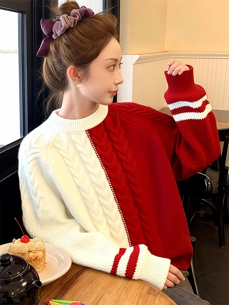 

Корейский вязаный свитер-пуловер с круглым вырезом для женщин, осенне-зимний, новогодний, в стиле колор-блок, повседневный, свободного кроя, с длинными рукавами