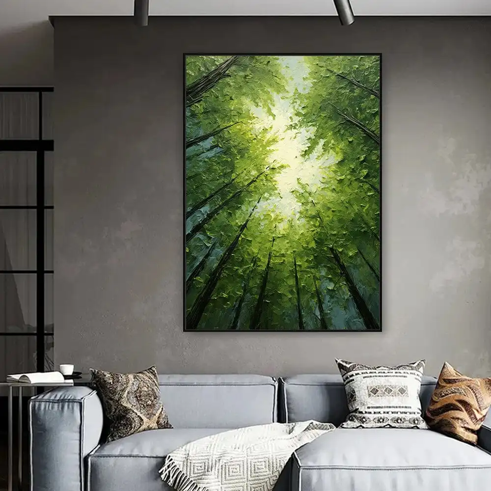 Green Forest Art Painting  Abstract Textured Wall Art Paintings Skyward View Trees Art Living Room Art Natural Scenery Painting