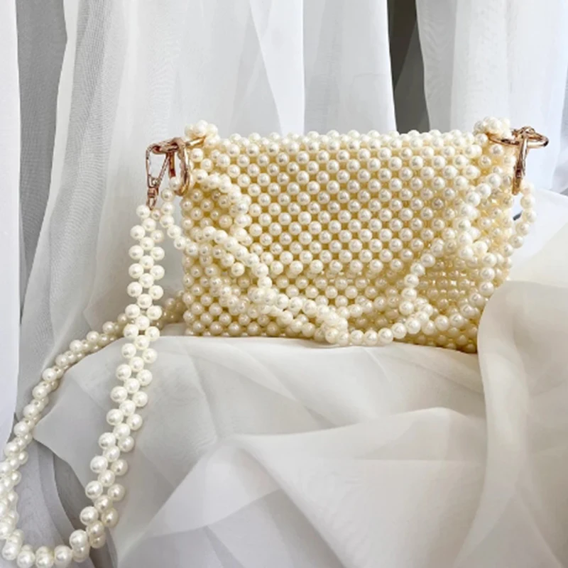 Retro Elegant Pearl White Double Chain Crossbody Bags Fashionable Ins Bead Design Production Square Bag Customizable Handbag