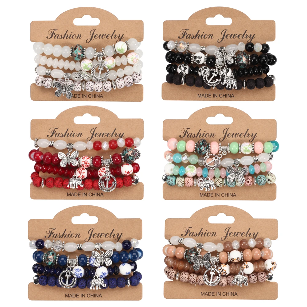 Bohemian Bracelets Set for Women Stackable Butterfly Elephant Anchor Pendant Beads Bracelet