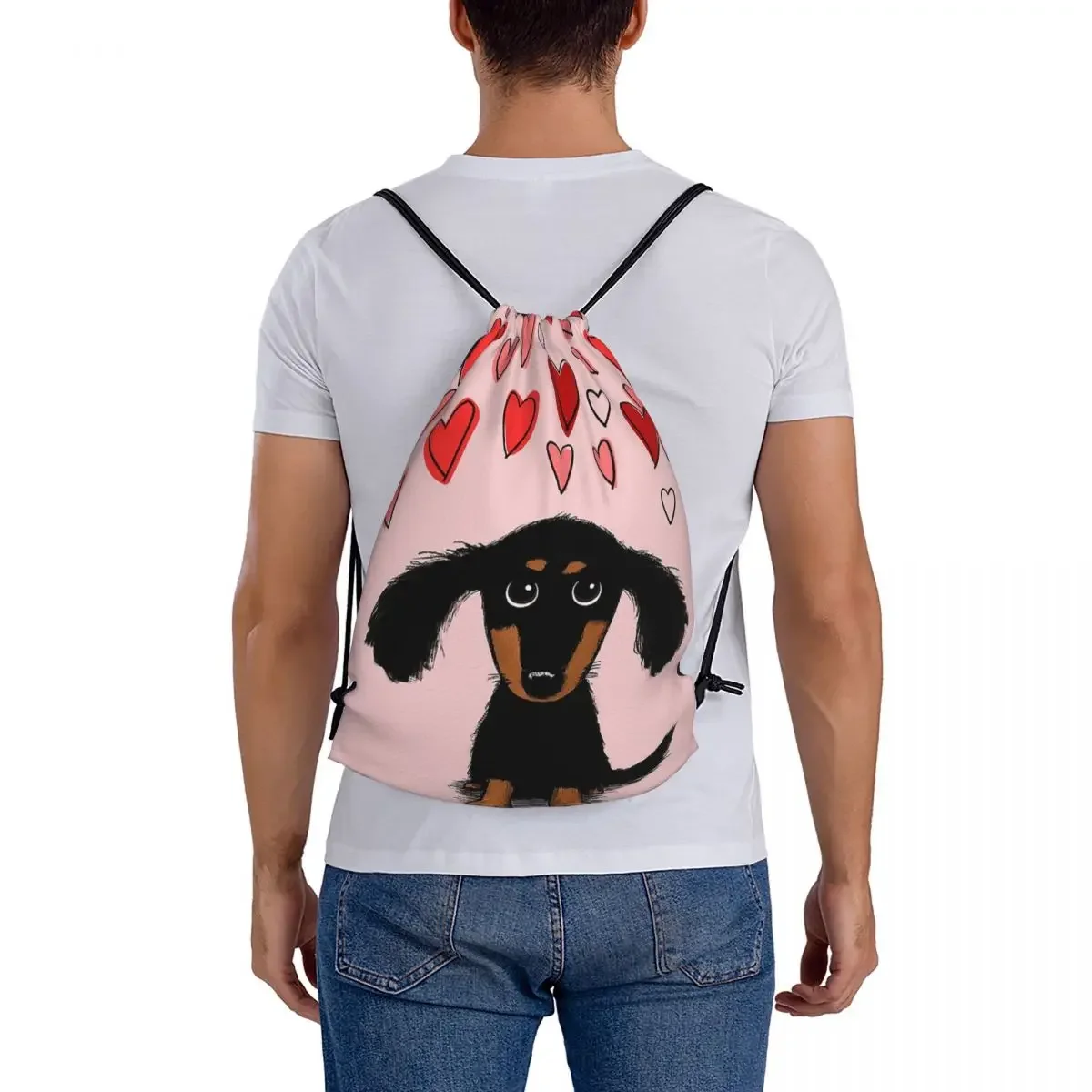 Sacos de cordão portáteis com corações, cachorro bonito do dachshund, bolso do pacote, saco de diversos, bookbag, mochilas, cordão