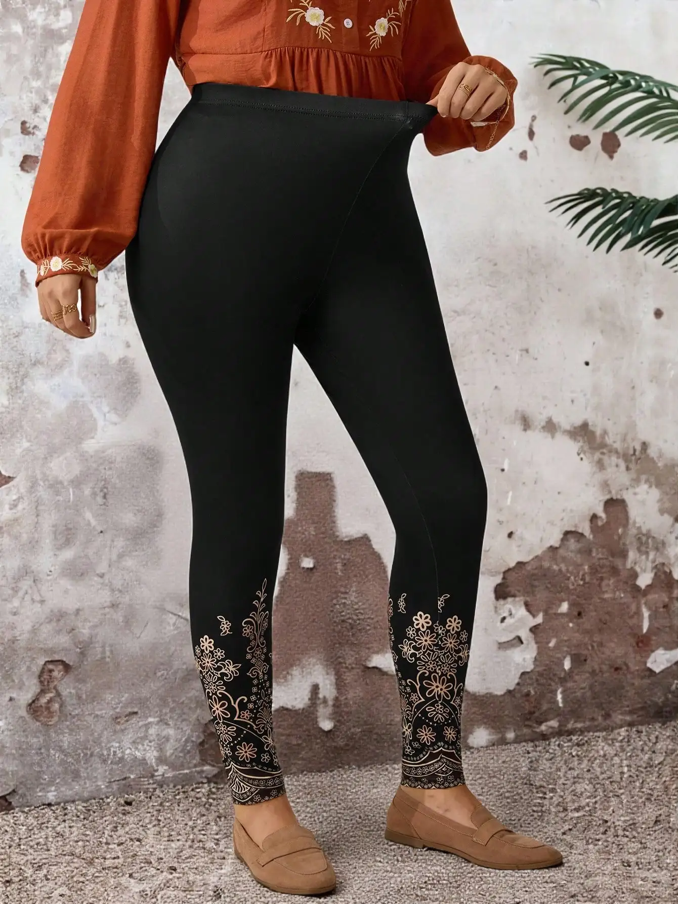 

Женские леггинсы с цветочным принтом и высокой талией, эластичные повседневные брюки для весны и осени, в стиле бохо, длина до щиколотки
