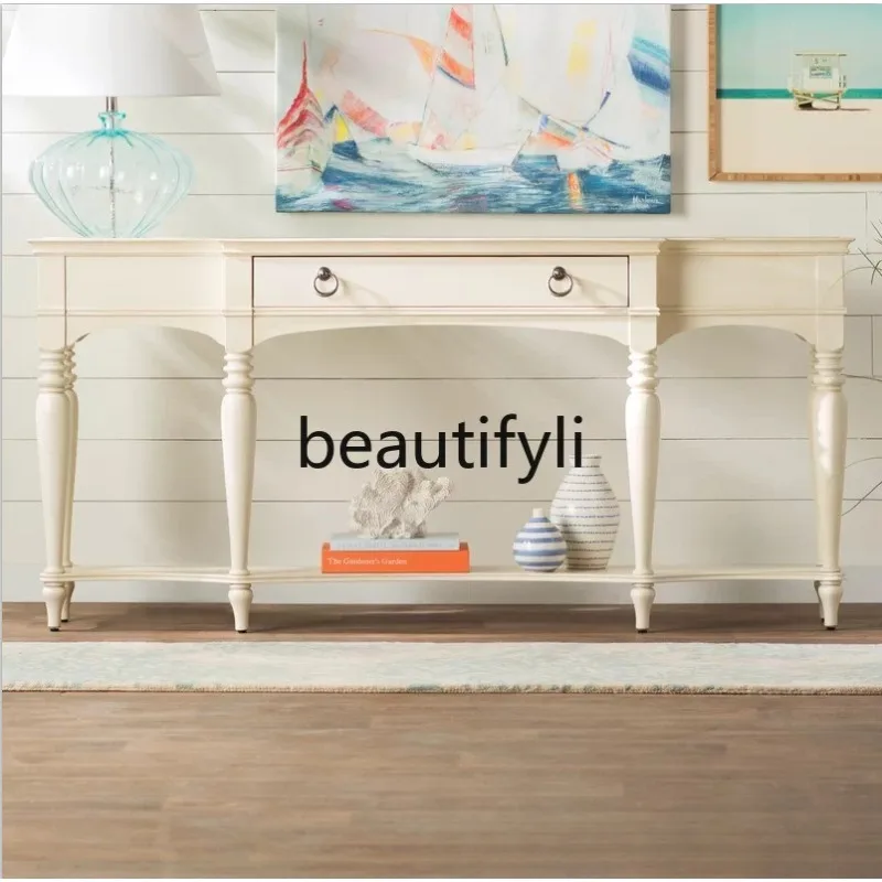 

American Country Style Solid Wood Entryway Table Vintage White Distressed Entryway Console Partition Hallway Display Table