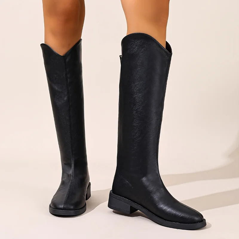 Spring and Autumn Round Toe Sexy/comfortable Not Over The Knee Long Boots  New Coarse Following Rear Zipper V-mouth Women Boots
