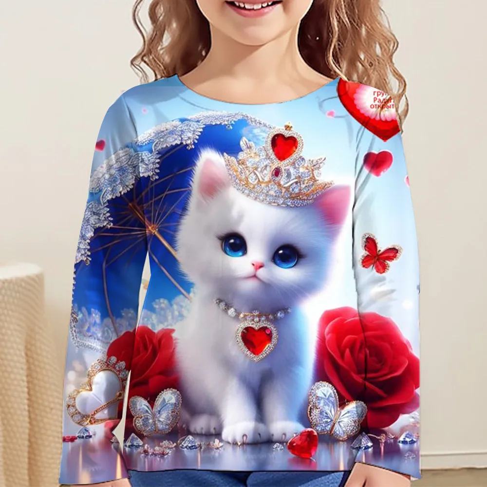 Clothes for Girls Cats Tshirt 10 Year Old Kids 2023 Autumn Tees Graphic 3D Print Children's Fashion T-Shirt Cute Full Sleeve Top