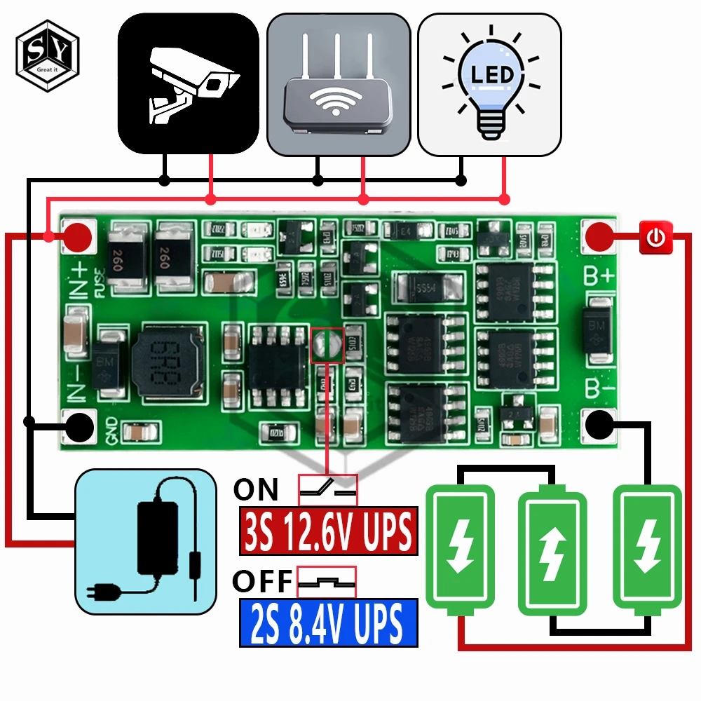DC 12V/15V 50W 4A USP Uninterruptible Power Supply Step-Up Protection Board for 2S/3S Lithium Battery Charging