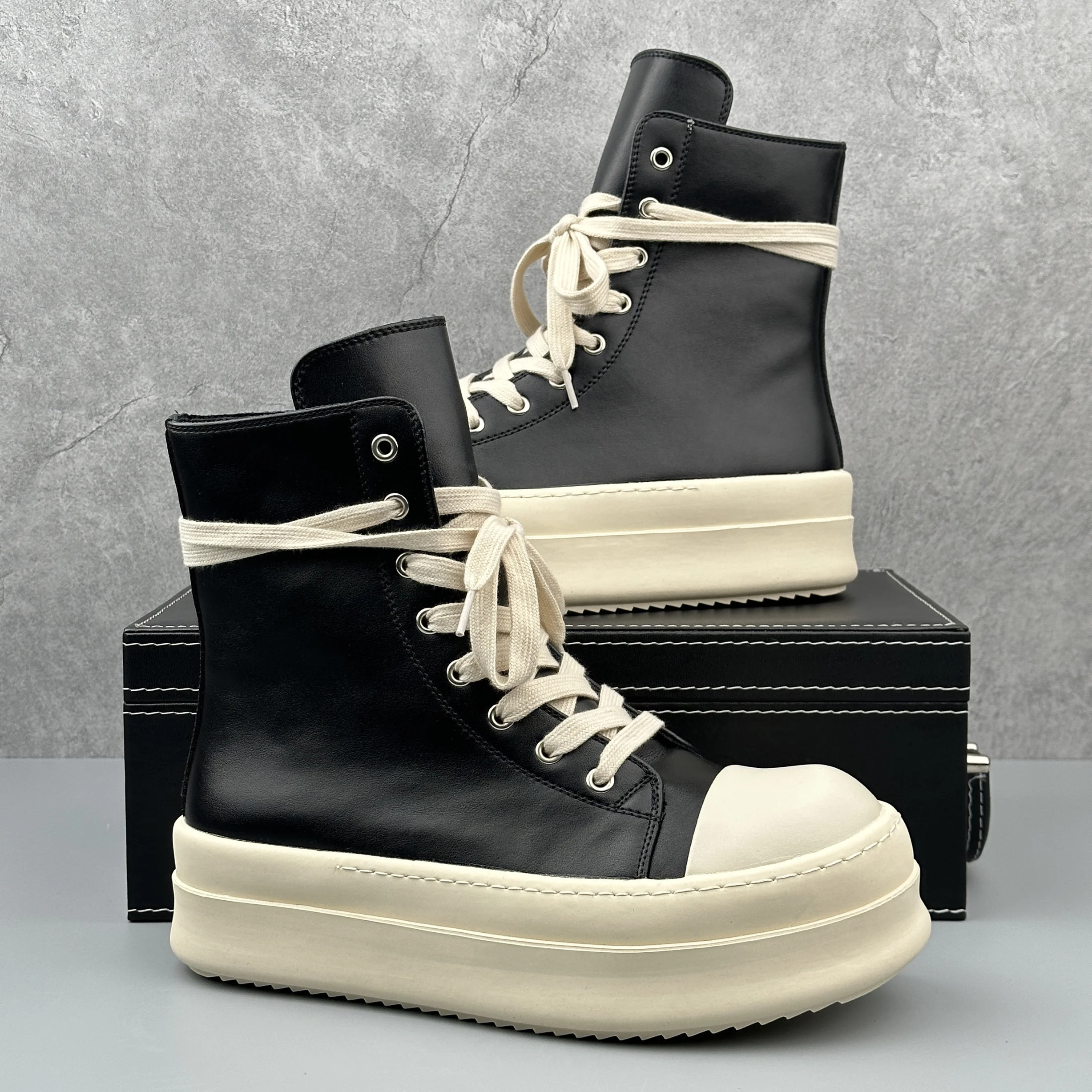Men\'s Motorcycle Boots Women Platform Leather Luxury Trainers High Top Sneakers Lace Up Zip Autumn Black Male Designer Shoes