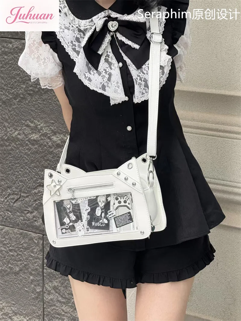 اليابانية الأصلية الكرتون القط لطيف براءات الاختراع والجلود الخفيفة Ltabag المرأة الغذاء الصغيرة واحدة الكتف Crossbody ستار مطاردة حقائب الطفل