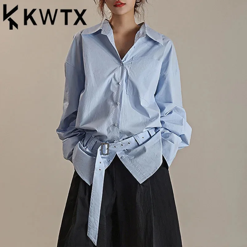 KWTX حزام تجمع الخصر تصميم قمصان للنساء التلبيب واحدة الصدر مكتب سيدة صالح البلوزات بلوزات على الموضة 2025 ربيع جديد