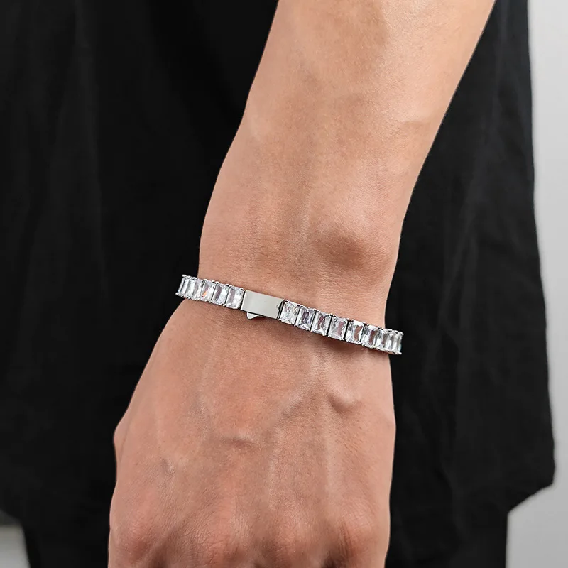 B&C Men Silver Tennis Bracelet Square CZ Iced Out Wrist Chain Hop Minimal Luxury Bracelet Fashion Jewelry Daily