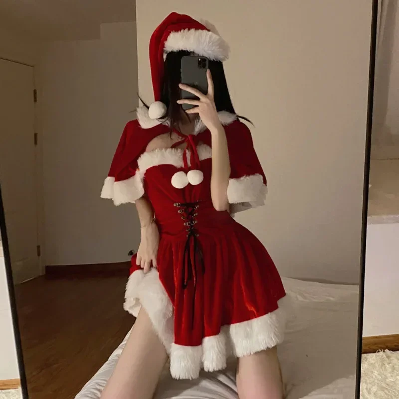 

Red New Year Strapless Bandage A-line Dress Women Sexy Christmas Nightdress with Hat Xmas Santa Claus Role Play Underwear Outfit