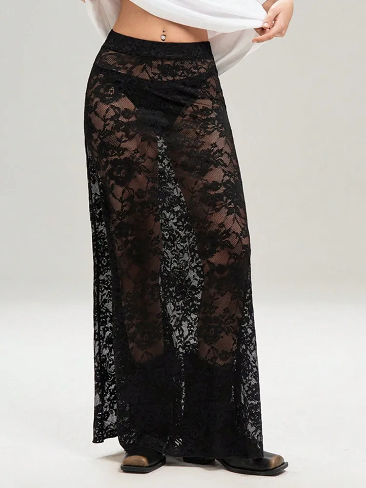 BKLD Black Skirts 2025 Summer New Women Clothing Solid Color Slim Bag Hip Streetwear Fashion See-Through High Waist Lace Skirt