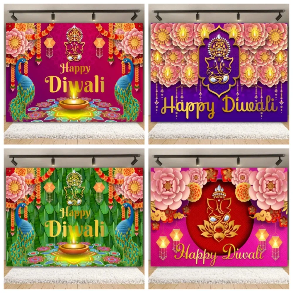 

Happy Diwali Festival Backdrop Supplies Indian Traditional Deepavali Burning Light Candle Background Party Decor Photo Studio