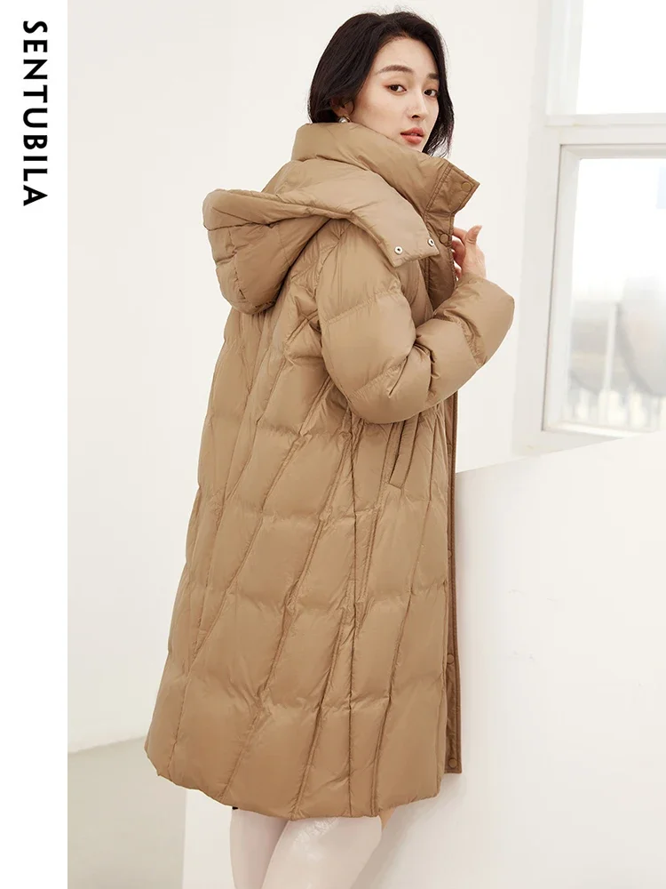 SENTUBILA Fashion Winter Down Jacket Women 2024 Hooded Mid-Length Stand Collar Down Coats Warm Belt Puffer Jackets  W44Y58470X